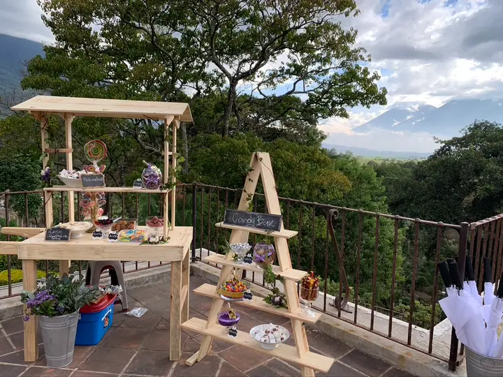 A candy bar on a terrace with a view of the volcanoes